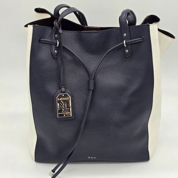 Lauren Ralph Lauren RLL Oxford Drawstring Tote Pebble Leather Navy White - Picture 2 of 11